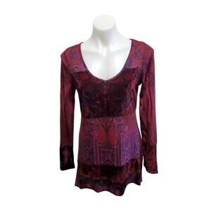 Y2K OneWorld S Boho Goth Velvet Purple Burnout Print High-Low Hem Artsy Tunic